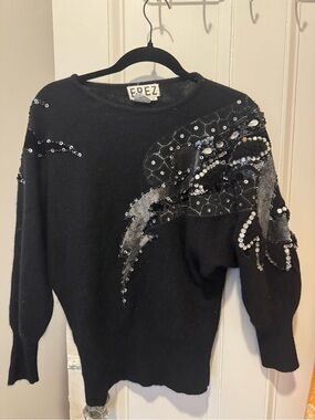 Vintage Erez 1980s Beaded Sequin Angora Statement Sweater Black Leather Appliqué